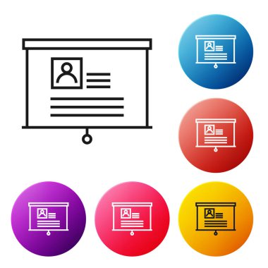 Beyaz arka planda izole edilmiş özgeçmiş simgesine sahip siyah çizgi panosu. Cv başvurusu. Profesyonel personel aranıyor. Analiz personel devam. Simgeleri renkli daire düğmeleri ayarlayın. Vektör İllüstrasyonu