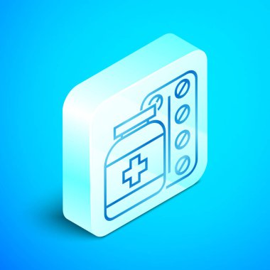 İzometrik hat Tıp şişe ve hap simgesi mavi arka plan üzerinde izole. Şişe hapı işareti. Eczane tasarımı. Gümüş kare düğme. Vektör İllüstrasyonu