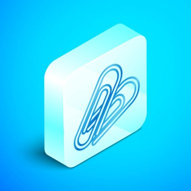 İzometrik çizgi Mavi arka planda yalıtılmış ataş simgesi. Gümüş kare düğme. Vektör İllüstrasyonu