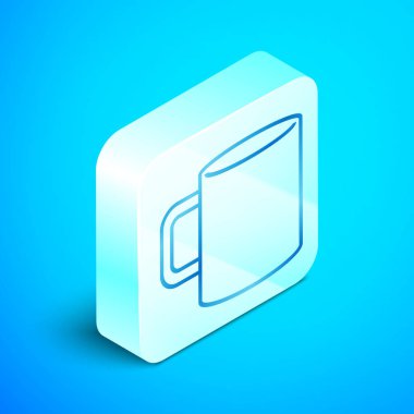 İzometrik çizgi Mavi arka plan üzerinde izole kahve fincandüz simgesi. Çay bardağı. Sıcak içecek kahve. Gümüş kare düğme. Vektör İllüstrasyonu