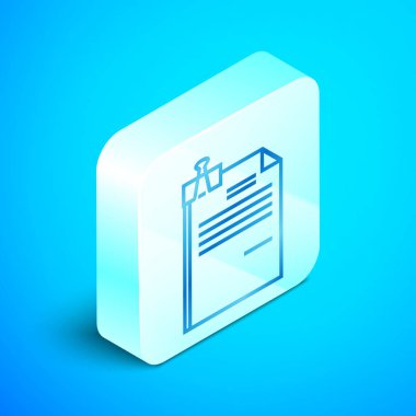 İzometrik çizgi Dosya belgesi ve mavi arka planda yalıtılmış bağlayıcı klip simgesi. Denetim listesi simgesi. İş konsepti. Gümüş kare düğme. Vektör İllüstrasyonu