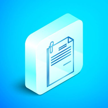 İzometrik çizgi Dosya belgesi ve mavi arka planda yalıtılmış ataş simgesi. Denetim listesi simgesi. İş konsepti. Gümüş kare düğme. Vektör İllüstrasyonu