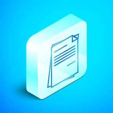 İzometrik çizgi Mavi arka planda yalıtılmış dosya belge simgesi. Denetim listesi simgesi. İş konsepti. Gümüş kare düğme. Vektör İllüstrasyonu