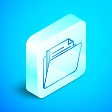 İzometrik çizgi Belge klasör üsimgesi mavi arka planda yalıtılmış. Muhasebe bağlayıcı sembolü. Muhasebe yönetimi. Gümüş kare düğme. Vektör İllüstrasyonu