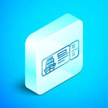 Mavi arka plan üzerinde izole gemi simgesi ile seyahat için izometrik hat Cruise bilet. Cruise liner ile seyahat. Cennete yolculuklar. Gümüş kare düğme. Vektör İllüstrasyonu