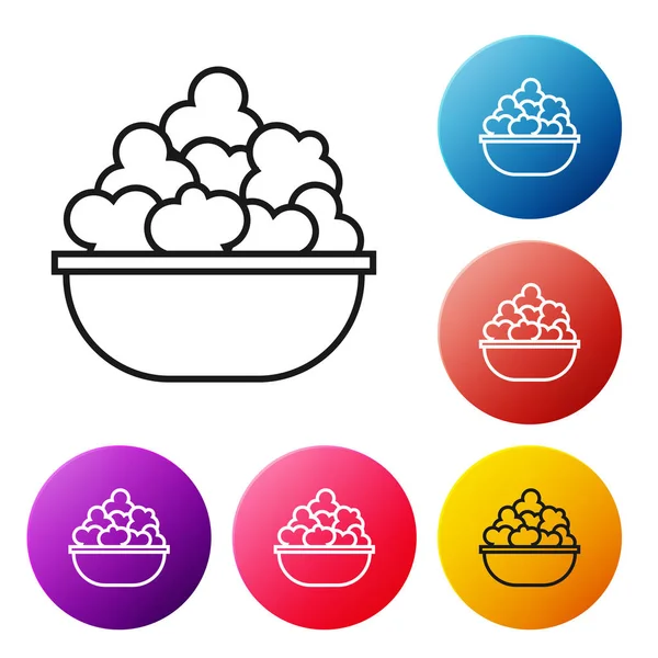 Black line Popcorn in bowl icon isolated on white background. Popcorn bucket box. Set icons colorful circle buttons. Vector Illustration — Stock Vector