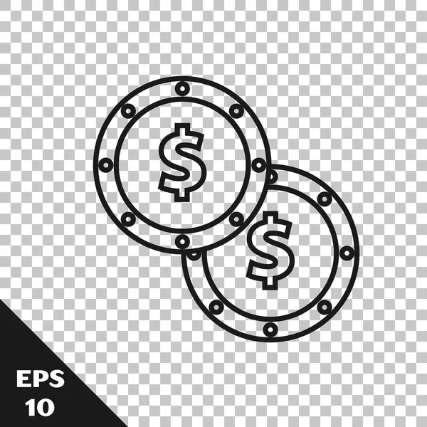 Schwarze Linie Münzgeld mit Dollarsymbol Symbol isoliert auf transparentem Hintergrund. Zeichen der Bankenwährung. Cash-Symbol. Vektorillustration — Stockvektor