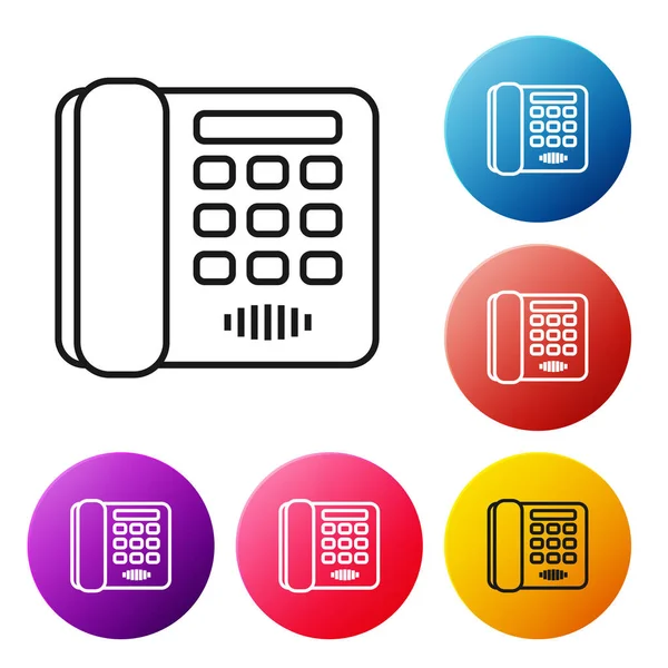 Zwarte lijn telefoonpictogram geïsoleerd op witte achtergrond. Vaste telefoon. Set pictogrammen kleurrijke cirkel knoppen. Vector illustratie — Stockvector