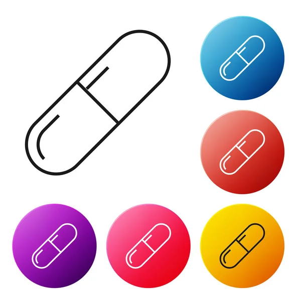 Black line Medicine pill or tablet icon isolated on white background. Capsule pill and drug sign. Pharmacy design. Set icons colorful circle buttons. Vector Illustration — Stock Vector