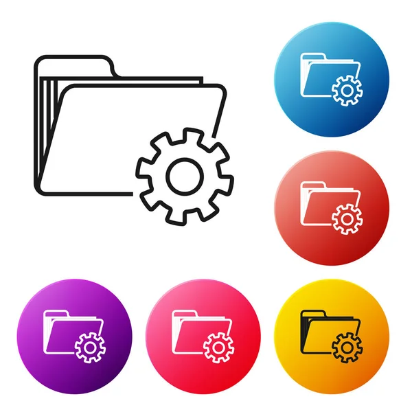 Black line Folder settings with gears icon isolated on white background. Software update, transfer protocol, teamwork tool management. Set icons colorful circle buttons. Vector Illustration — Stock Vector