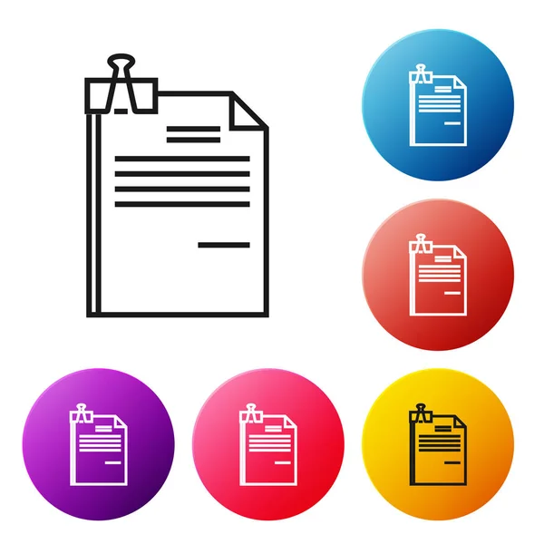 Zwarte lijn bestand document en Binder clip pictogram geïsoleerd op witte achtergrond. Controlelijstpictogram. Bedrijfsconcept. Set pictogrammen kleurrijke cirkel knoppen. Vector illustratie — Stockvector