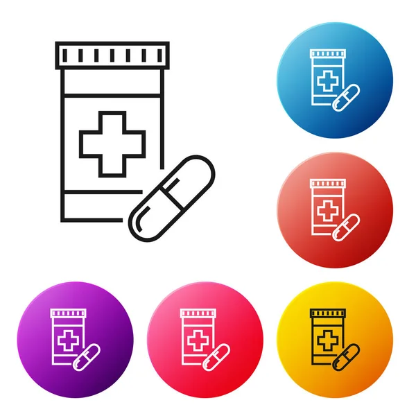 Μαύρη γραμμή ιατρική μπουκάλι και χάπια εικονίδιο απομονωθεί σε λευκό φόντο. Πινακίδα με χάπι φιάλης. Σχέδιο φαρμακευτικής. Ορίστε εικονίδια πολύχρωμα κουμπιά Circle. Απεικόνιση διανυσματικών φορέων — Διανυσματικό Αρχείο
