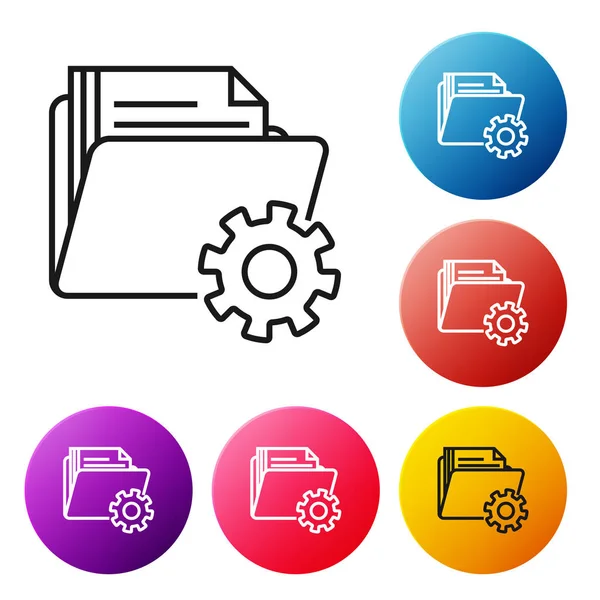 Configurações de pasta de linha preta com o ícone de engrenagens isolado no fundo branco. Atualização de software, protocolo de transferência, gerenciamento de ferramentas de trabalho em equipe. Definir ícones coloridos botões círculo. Ilustração vetorial —  Vetores de Stock