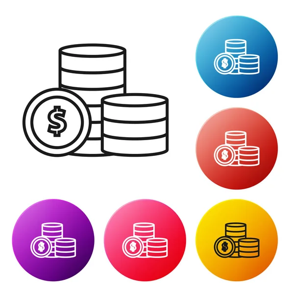 Schwarze Linie Münzgeld mit Dollar-Symbol Symbol isoliert auf weißem Hintergrund. Zeichen der Bankenwährung. Cash-Symbol. setzen Symbole bunte Kreis-Tasten. Vektorillustration — Stockvektor
