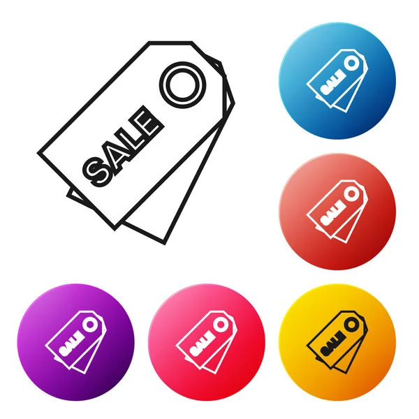 Black line Price tag with an inscription Sale icon isolated on white background. Badge for price. Promo tag discount. Set icons colorful circle buttons. Vector Illustration — Stock Vector