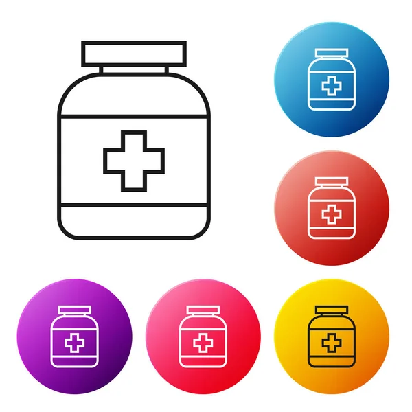 Fekete vonal Medicine palack ikon elszigetelt fehér alapon. Üvegpirula jel. Gyógyszerészeti tervezés. Állítsa ikonok színes kör gombok. Vektorillusztráció — Stock Vector