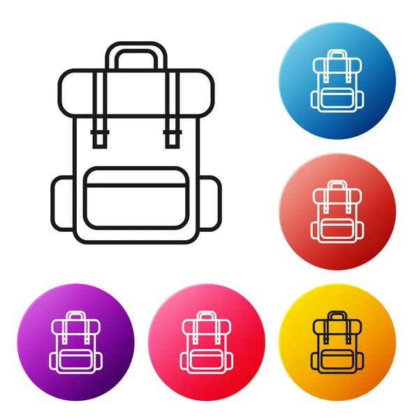 Schwarze Linie Wanderrucksack-Symbol isoliert auf weißem Hintergrund. Camping- und Bergwanderrucksack. Setzen Sie Symbole bunte Kreis-Tasten. Vektorillustration — Stockvektor