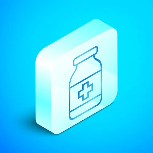 Ισομετρική γραμμή Εικονίδιο φιάλης ιατρικής που απομονώνεται σε μπλε φόντο. Πινακίδα χαπιού. Σχεδιασμός φαρμακείου. Ασημένιο τετράγωνο κουμπί. Εικονογράφηση διανύσματος — Διανυσματικό Αρχείο