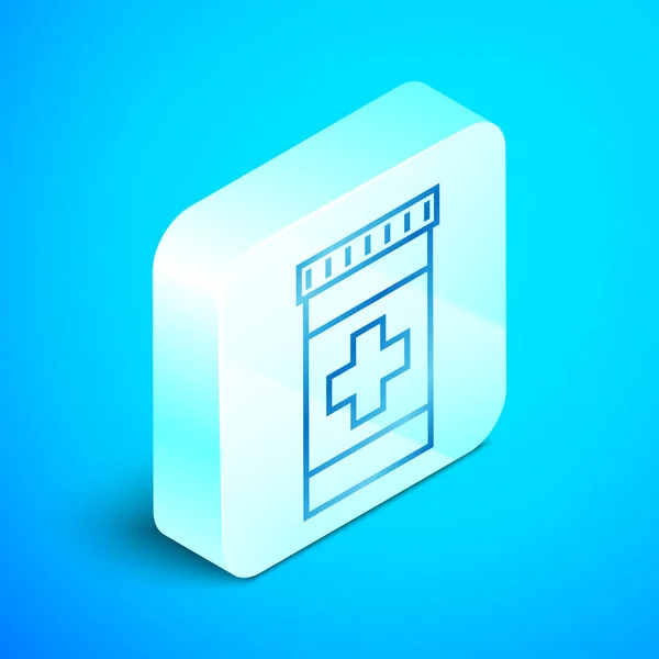 Isometric line Medicine bottle icon isolated on blue background. Bottle pill sign. Pharmacy design. Silver square button. Vector Illustration — Stock Vector