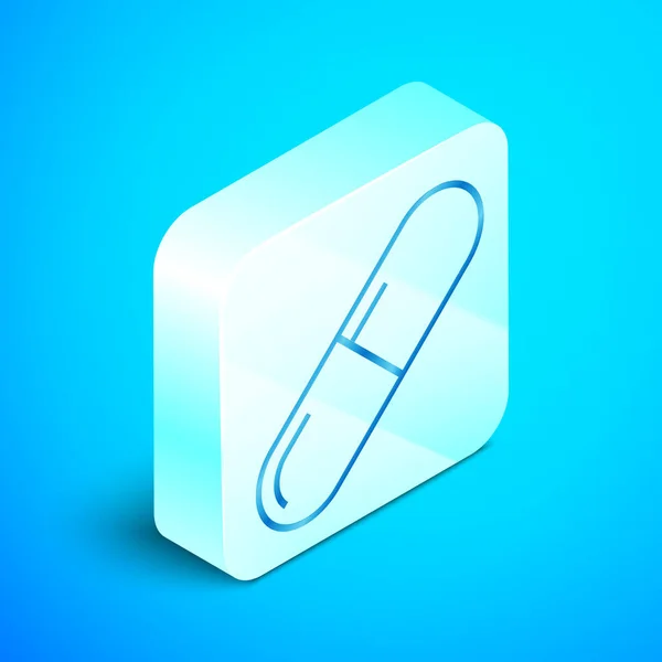 Isometrische lijn geneeskunde pil of Tablet pictogram geïsoleerd op blauwe achtergrond. Capsule pil en drug teken. Apotheek ontwerp. Zilveren vierkante knop. Vector illustratie — Stockvector