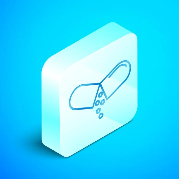Isometrische lijn geneeskunde pil of Tablet pictogram geïsoleerd op blauwe achtergrond. Capsule pil en drug teken. Apotheek ontwerp. Zilveren vierkante knop. Vector illustratie — Stockvector