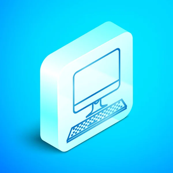 Isometrische Zeile Computermonitor mit Tastatur-Symbol isoliert auf blauem Hintergrund. PC-Komponenten-Zeichen. Silberner quadratischer Knopf. Vektorillustration — Stockvektor