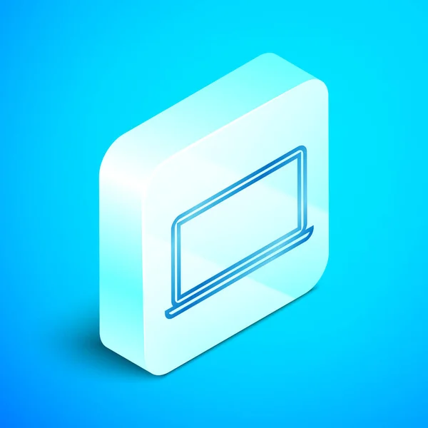 Isometrische Linie Laptop-Symbol isoliert auf blauem Hintergrund. Computer-Notizbuch mit leerem Bildschirm. Silberner quadratischer Knopf. Vektorillustration — Stockvektor