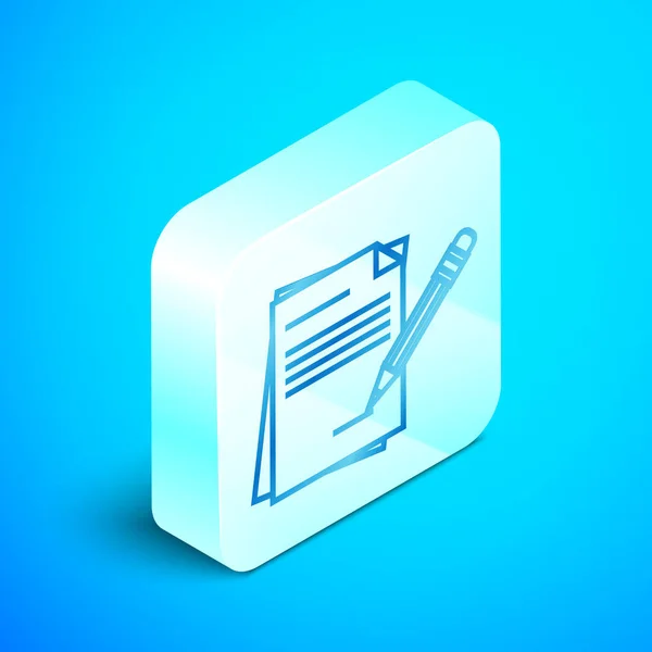 Isometric line Blank notebook and pencil with eraser icon isolated on blue background. Paper and pencil. Silver square button. Vector Illustration — Stock Vector