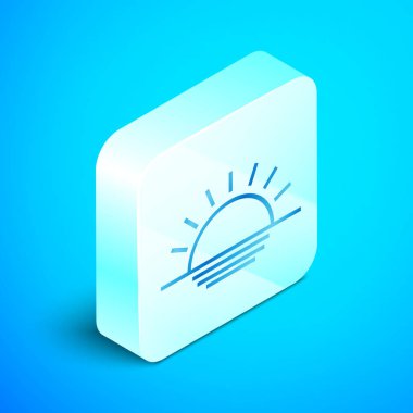 İzometrik çizgi Mavi arka planda yalıtılmış gün batımı simgesi. Gümüş kare düğme. Vektör İllüstrasyonu