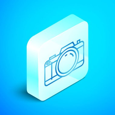 İzometrik çizgi Mavi arka planda yalıtılmış fotoğraf makinesi simgesi. Foto kamera simgesi. Gümüş kare düğme. Vektör İllüstrasyonu