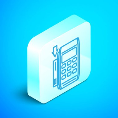 Mavi arka planda izole edilmiş kredi kartı simgesine eklenen izometrik hat Pos terminali. Ödeme terminali işlemi. Kartla ödeyin. Gümüş kare düğme. Vektör İllüstrasyonu