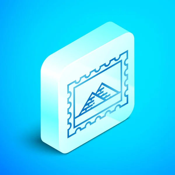 Izometrikus vonal postai bélyegző és Egyiptom piramisok ikon izolált kék háttér. Ezüst négyzet gombot. Vektoros illusztráció — Stock Vector