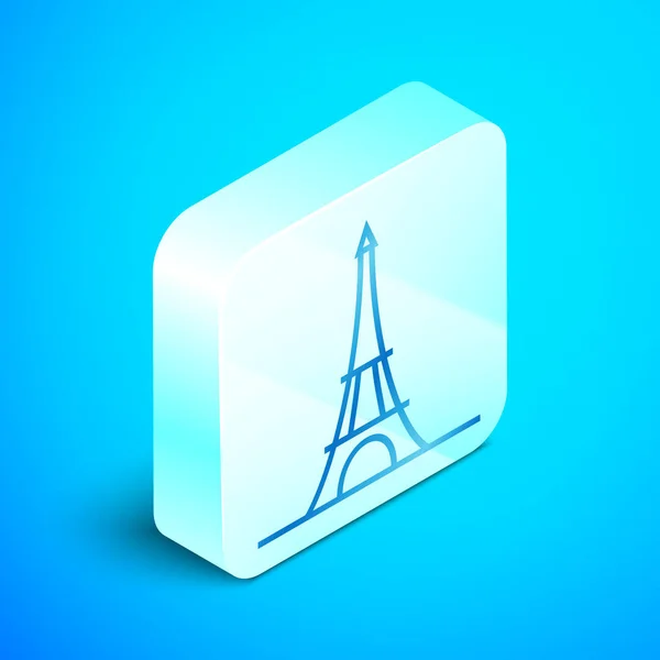 Ícone de torre Eiffel de linha isométrica isolado em fundo azul. França Paris símbolo de referência. Botão quadrado de prata. Ilustração vetorial — Vetor de Stock