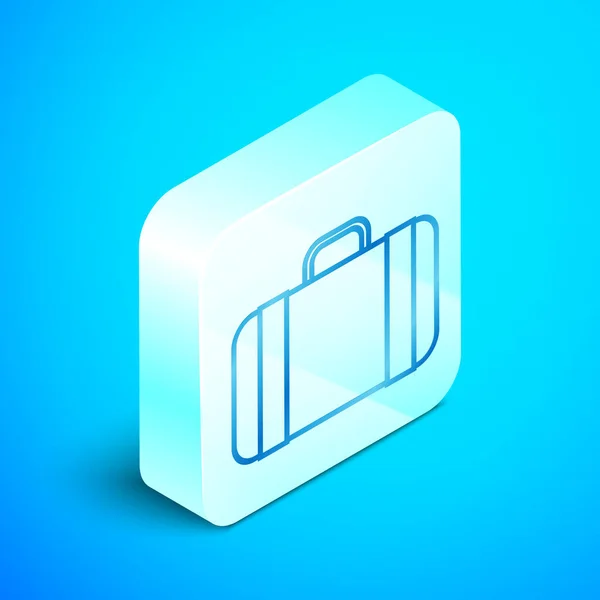 Isometrische Linie Koffer für Reise-Symbol isoliert auf blauem Hintergrund. Reisegepäckzeichen. Reisegepäcksymbol. Silberner quadratischer Knopf. Vektorillustration — Stockvektor
