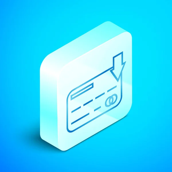 Isometrisk linje kreditkorts ikon isolerad på blå bakgrund. Online-betalning. Kontantuttag. Finansiella transaktioner. Shopping skylt. Silver fyrkantig knapp. Vektor illustration — Stock vektor
