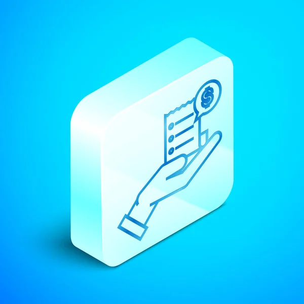 Linha isométrica Mão humana segurando com recibo em branco ou ícone de conta de pagamento isolado no fundo azul. Operações bancárias e de negócios. Botão quadrado de prata. Ilustração vetorial — Vetor de Stock