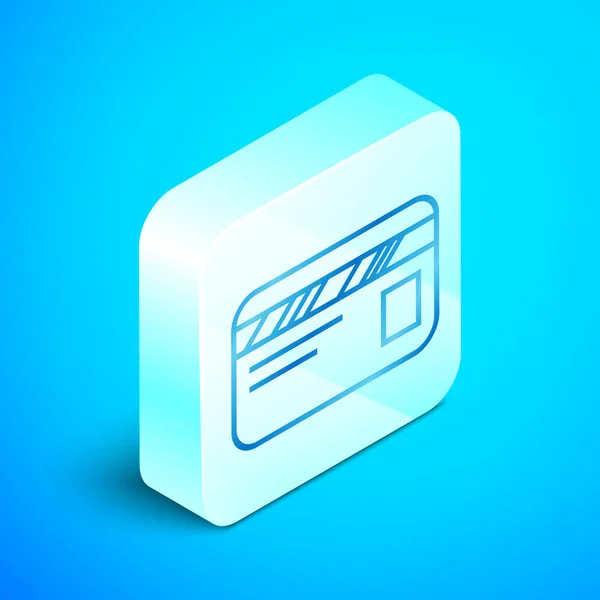 Línea isométrica Icono de tarjeta de crédito aislado sobre fondo azul. Pago en línea. Retiro de efectivo. Operaciones financieras. Señal de compra. Botón cuadrado plateado. Ilustración vectorial — Vector de stock