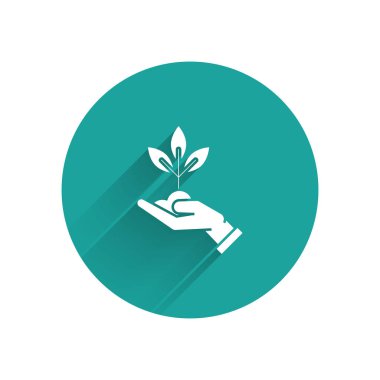 Beyaz Bitki elinde çevre koruma simgesi uzun gölge ile izole. Tohum ve fide. Fidan dikimi. Ekoloji kavramı. Yeşil daire düğmesi. Vektör İllüstrasyonu