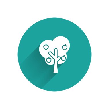 Uzun gölge ile izole elma simgesi ile Beyaz Ağaç. Tarım tesisi. Organik tarım ürünleri. Bahçe teması. Yeşil daire düğmesi. Vektör İllüstrasyonu