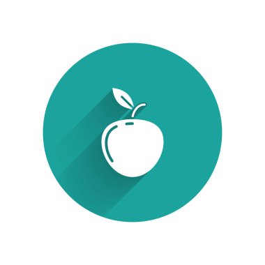 Beyaz Apple simgesi uzun gölge ile izole. Yaprak sembolü olan meyve. Yeşil daire düğmesi. Vektör İllüstrasyonu