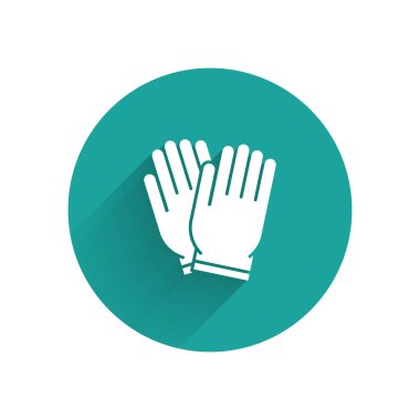 Beyaz Bahçe eldiven simgesi uzun gölge ile izole. Kauçuk eldiven işareti. Tarım el koruma, eldiven güvenliği. Yeşil daire düğmesi. Vektör İllüstrasyonu