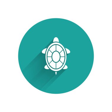 Beyaz Kaplumbağa simgesi uzun gölge ile izole. Yeşil daire düğmesi. Vektör İllüstrasyonu