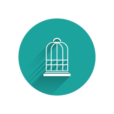 Uzun gölge ile izole kuşlar simgesi için Beyaz Kafes. Yeşil daire düğmesi. Vektör İllüstrasyonu