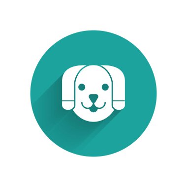 Beyaz Köpek simgesi uzun gölge ile izole. Yeşil daire düğmesi. Vektör İllüstrasyonu
