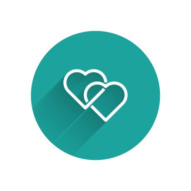 Beyaz İki Bağlantılı Kalpler simgesi uzun gölge ile izole. Romantik sembol bağlantılı, katılmak, tutku ve düğün. Sevgililer günü sembolü. Yeşil daire düğmesi. Vektör İllüstrasyonu