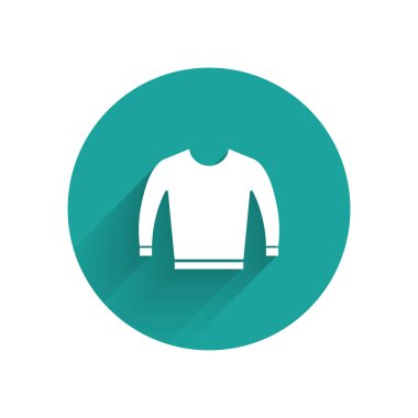 Uzun gölgeli beyaz süveter ikonu. Kazak ikonu. Yeşil daire düğmesi. Vektör İllüstrasyonu