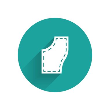 Beyaz Dikiş Deseni simgesi uzun gölgeli izole edilmiş. Dikiş için işaretler. Yeşil daire düğmesi. Vektör İllüstrasyonu