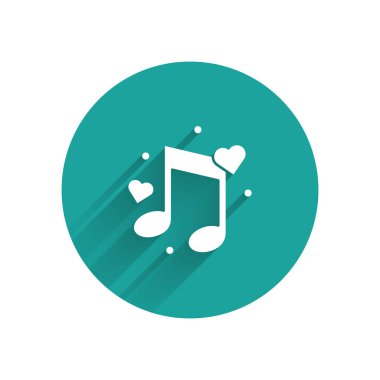 Beyaz Müzik notu, uzun gölge ile izole kalpleri simgesi ile sesi. Yeşil daire düğmesi. Vektör İllüstrasyonu