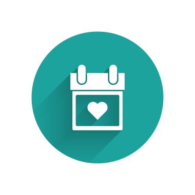 Uzun gölge ile izole kalp simgesi ile Beyaz Takvim. Sevgililer günü. Aşk sembolü. 14 Şubat. Yeşil daire düğmesi. Vektör İllüstrasyonu