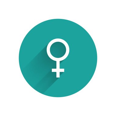 Beyaz Kadın cinsiyet sembolü simgesi uzun gölge ile izole. Venüs sembolü. Bir kadın organizması ya da kadın için sembol. Yeşil daire düğmesi. Vektör İllüstrasyonu